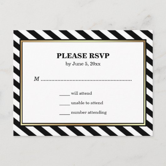 Zwart Wit Goud Modern Glam Stripes RSVP Uitnodiging Briefkaart (Voorkant)