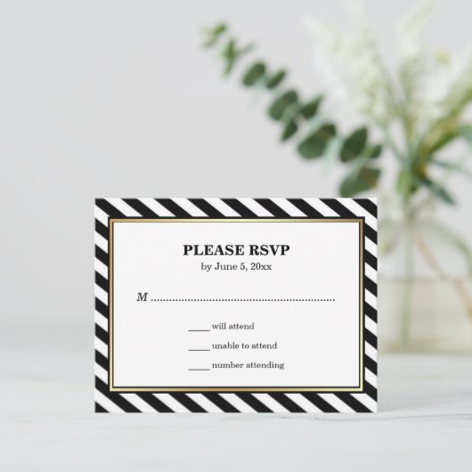 Zwart Wit Goud Modern Glam Stripes RSVP Uitnodiging Briefkaart (Staand voorkant)