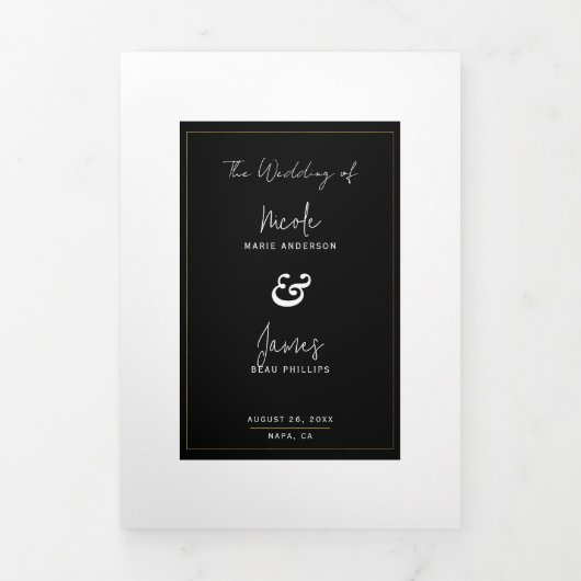 Zwart Wit Goud Modern Minimaal Elegant Huwelijk Drieluik Uitnodiging (Cover)