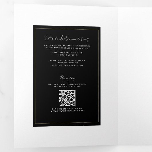 Zwart Wit Goud Modern Minimaal Elegant Huwelijk Drieluik Uitnodiging (Binnenzijde eerst)