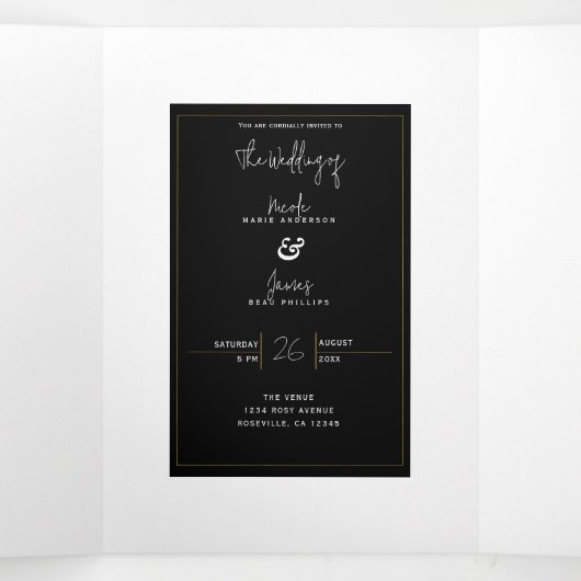 Zwart Wit Goud Modern Minimaal Elegant Huwelijk Drieluik Uitnodiging (Binnenkant midden)