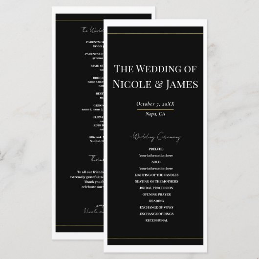 Zwart Wit Goud Modern Minimaal Trouwprogramma Programmakaart (Voorkant / Achterkant)