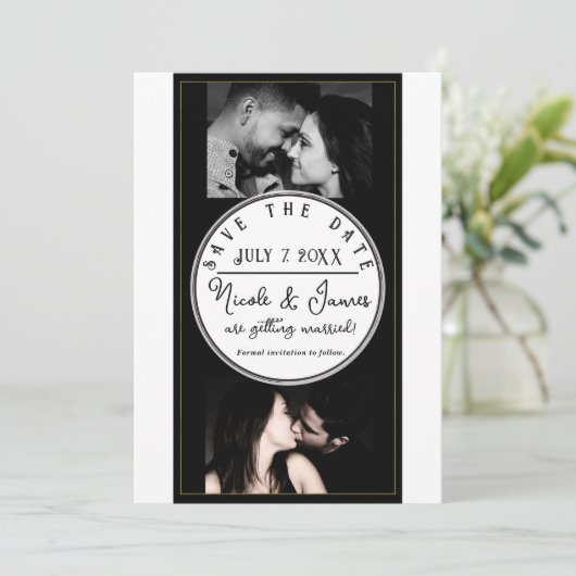 Zwart Wit Goud Modern Minimal Save the Date (Staand voorkant)