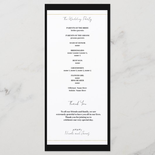 Zwart Wit Goud Modern Minimal Wedding Programma Programmakaart (Achterkant)