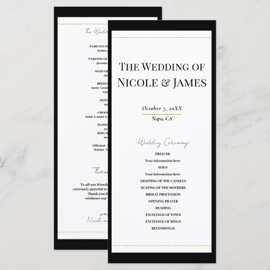 Zwart Wit Goud Modern Minimal Wedding Programma Programmakaart (Voorkant / Achterkant)