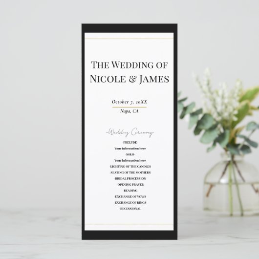 Zwart Wit Goud Modern Minimal Wedding Programma Programmakaart (Staand voorkant)