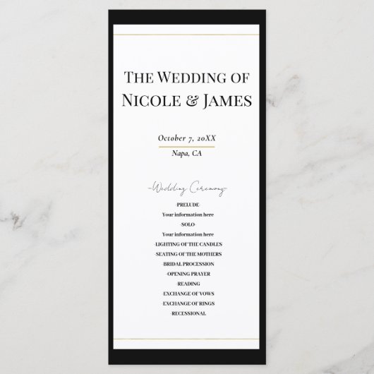Zwart Wit Goud Modern Minimal Wedding Programma Programmakaart (Voorkant)