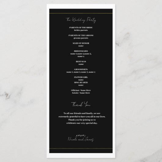 Zwart Wit Goud Modern Minimal Wedding Programma Programmakaart (Achterkant)