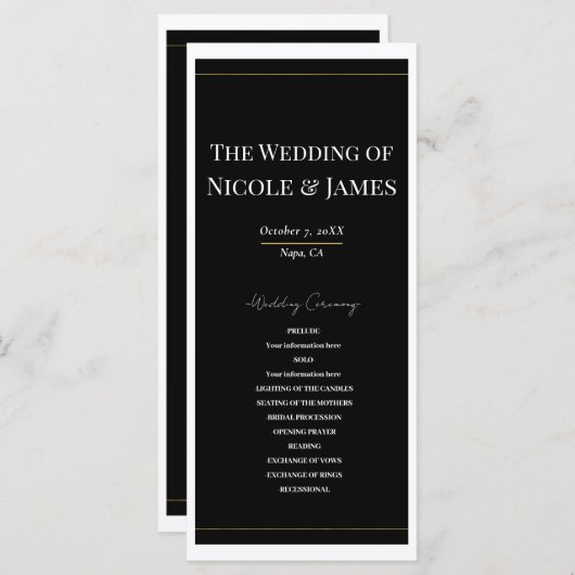 Zwart Wit Goud Modern Minimal Wedding Programma Programmakaart (Voorkant / Achterkant)