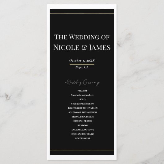 Zwart Wit Goud Modern Minimal Wedding Programma Programmakaart (Voorkant)