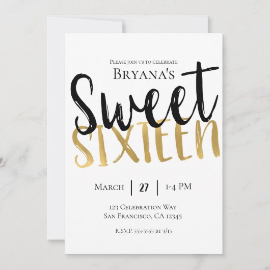 Zwart Wit Goud Modern Sweet 16 ZESTIEN Party Kaart (Voorkant)