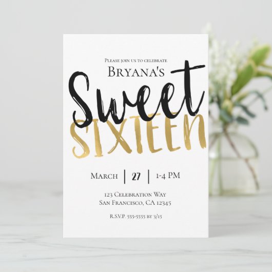 Zwart Wit Goud Modern Sweet 16 ZESTIEN Party Kaart (Staand voorkant)