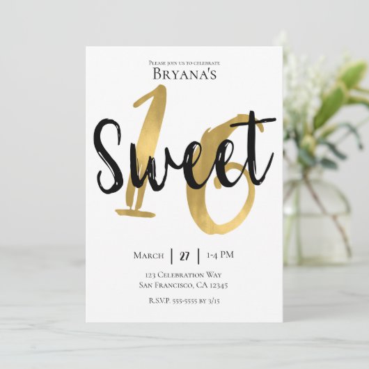 Zwart Wit Goud Modern Zoet 16 Verjaardagsfeest Kaart (Staand voorkant)