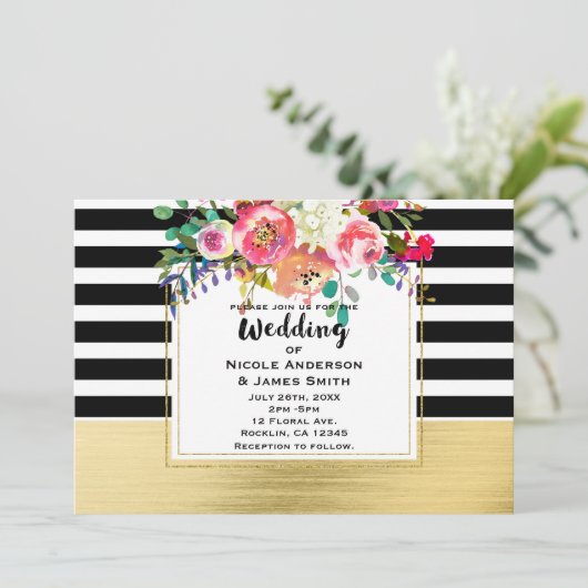 Zwart Wit Goud Moderne Bloemen Glam Bruiloft Chiqu Kaart (Staand voorkant)