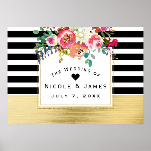 Zwart Wit Goud Moderne Bloemrijke Glam Trouwbanner Poster (Voorkant)