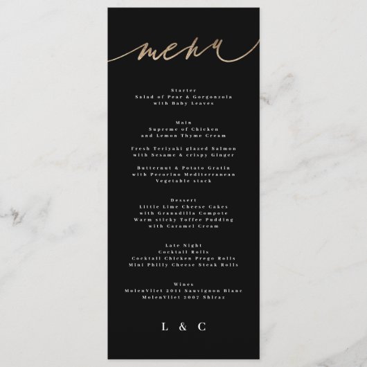 Zwart Wit Goud Moderne Kalligrafie Bruiloft Menu (Voorkant)