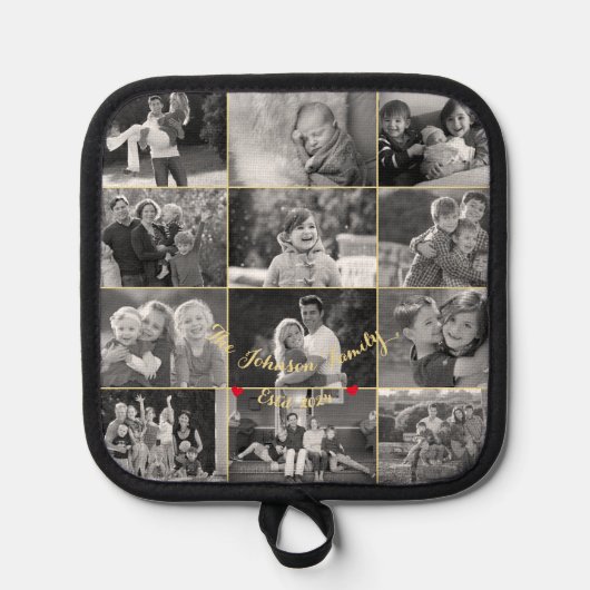 zwart wit goud monogram 12 foto collage pannenlap (Voorkant)