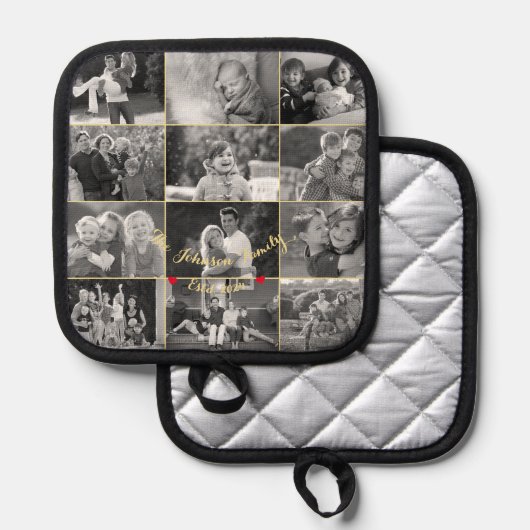  zwart wit goud monogram 12 foto collage pannenlap (Voorkant / Achterkant)