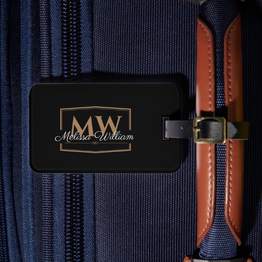 Zwart Wit Goud Monogram Naam Bagagelabel (Voorkant Insitu 4)