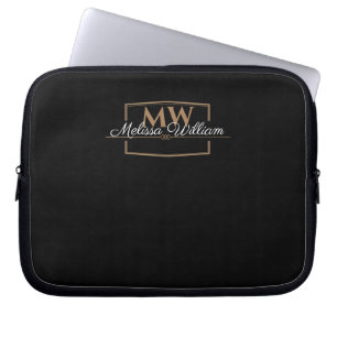 Zwart Wit Goud Monogram Naam Script Laptop Sleeve