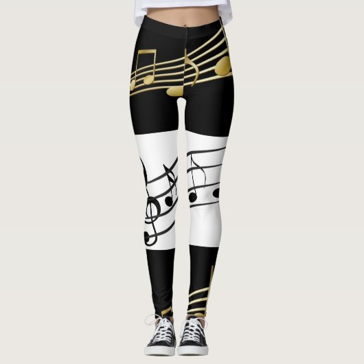 Zwart Wit Goud Muzieknoten Leggings (Voorkant)