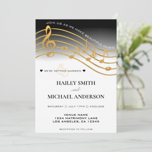 Zwart Wit & Goud Ombre Muziek Personeel Bruiloft Kaart (Staand voorkant)