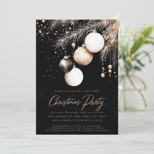 Zwart Wit Goud Ornamenten Baubles Kerstfeest Kaart (Staand voorkant)