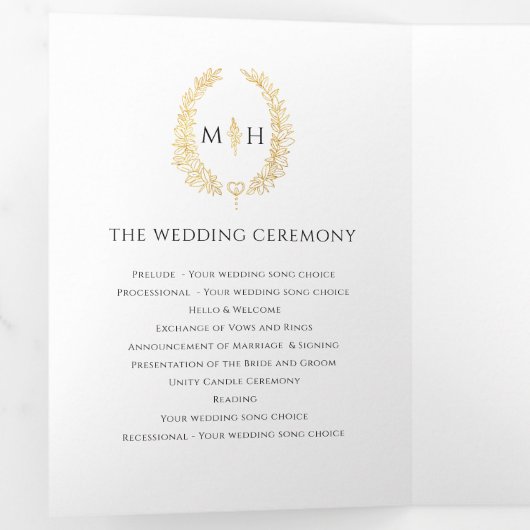 Zwart wit goud ovaal blad monogram trouwfoto drieluik programma (Binnenzijde eerst)
