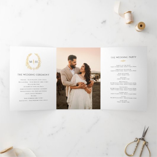 Zwart wit goud ovaal blad monogram trouwfoto drieluik programma (Binnen)