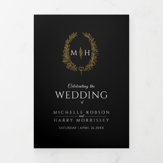 Zwart wit goud ovaal blad monogram trouwfoto drieluik programma (Cover)