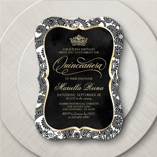 Zwart Wit Goud Quinceañera Kaart