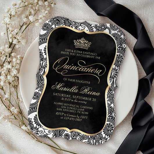 Zwart Wit Goud Quinceañera Kaart