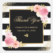 Zwart Wit Goud Roze Bloemen Huwelijk Dank u Vierkante Sticker (Voorkant)