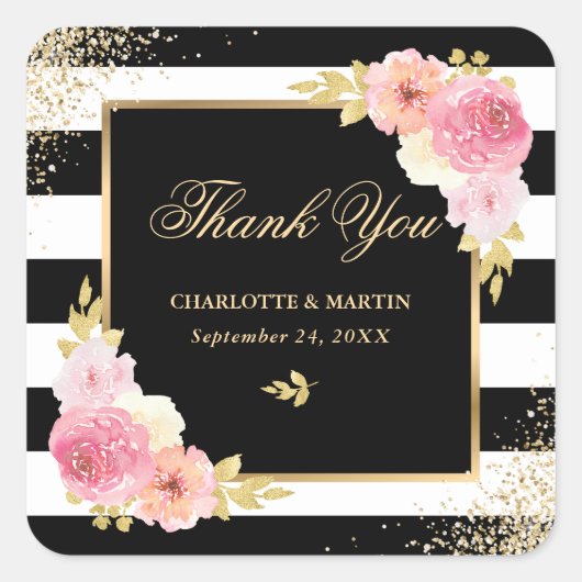 Zwart Wit Goud Roze Bloemen Huwelijk Dank u Vierkante Sticker (Voorkant)