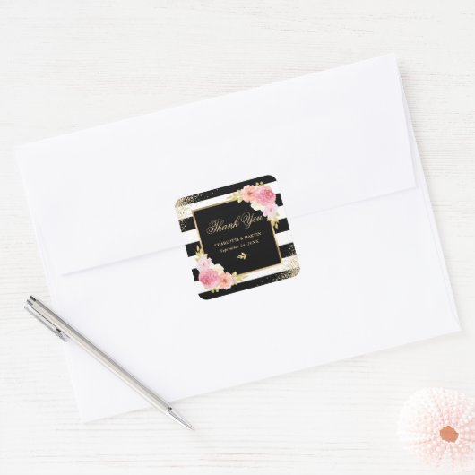 Zwart Wit Goud Roze Bloemen Huwelijk Dank u Vierkante Sticker (Envelop)