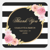 Zwart Wit Goud Roze Bloemen Huwelijk Dank u Vierkante Sticker (Voorkant)