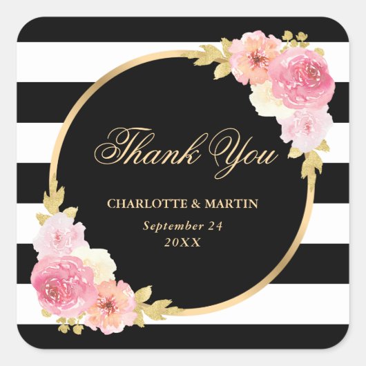 Zwart Wit Goud Roze Bloemen Huwelijk Dank u Vierkante Sticker (Voorkant)