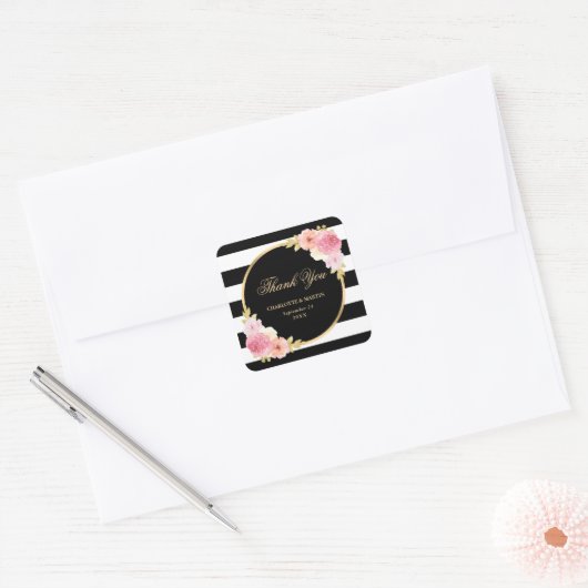 Zwart Wit Goud Roze Bloemen Huwelijk Dank u Vierkante Sticker (Envelop)