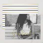 Zwart Wit & Goud Schrift & Strepen Afstudeerfoto Aankondiging (Voorkant / Achterkant)