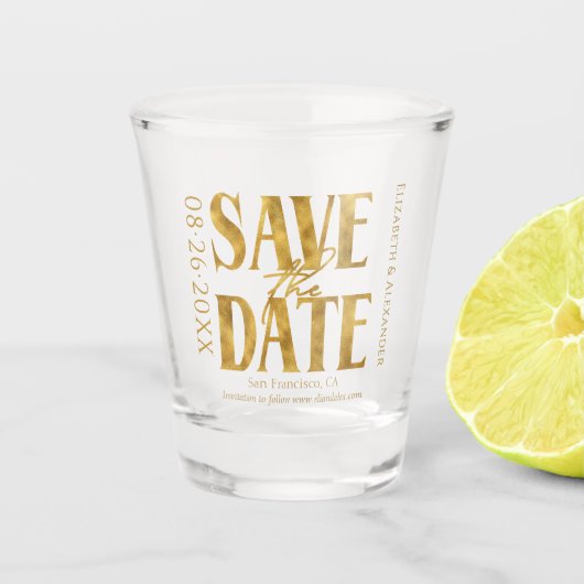 Zwart & Wit Goud Script Bruiloft Save the Date Shot Glas (Voorkant)