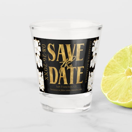 Zwart & Wit Goud Script Bruiloft Save the Date Shot Glas (Voorkant)