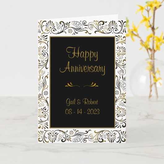 Zwart Wit Goud Scrollwork Happy Jubileum Kaart (Gele Bloem)