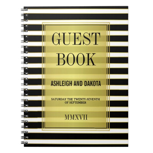 Zwart Wit & Goud Strepen Bruiloft Gastenboek Notitieboek (Voorkant)