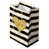 Zwart Wit Goud Strepen Hart Medium Cadeauzakje (Voorkant Gekanteld)