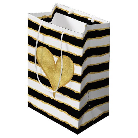 Zwart Wit Goud Strepen Hart Medium Cadeauzakje (Voorkant Gekanteld)