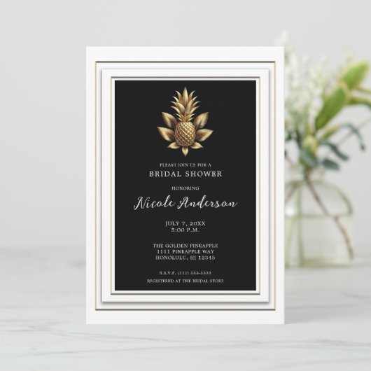 Zwart Wit Goud Tropisch Ananas Vrijgezellenfeest Kaart (Staand voorkant)