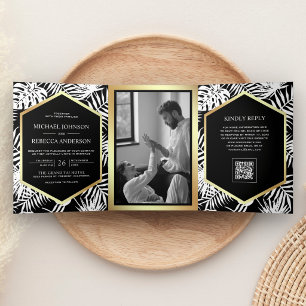 Zwart Wit Goud Tropisch Palm QR Code Trouwfeest Drieluik Uitnodiging