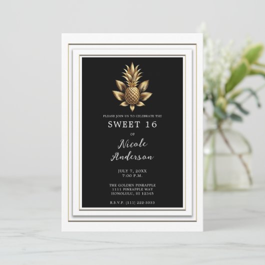 Zwart Wit & Goud Tropische Ananas Sweet 16 Kaart (Staand voorkant)