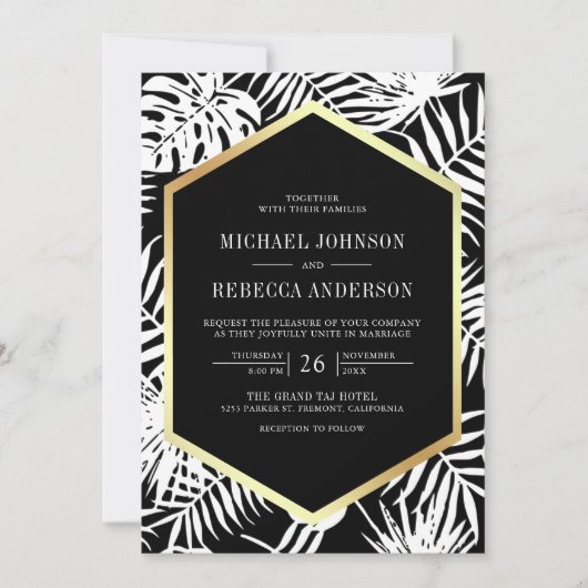 Zwart Wit Goud Tropische Palm Alles in één bruilof Kaart (Voorkant)