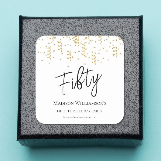 Zwart, Wit & Goud Vijftig , 50ste Verjaardagsfeest Vierkante Sticker